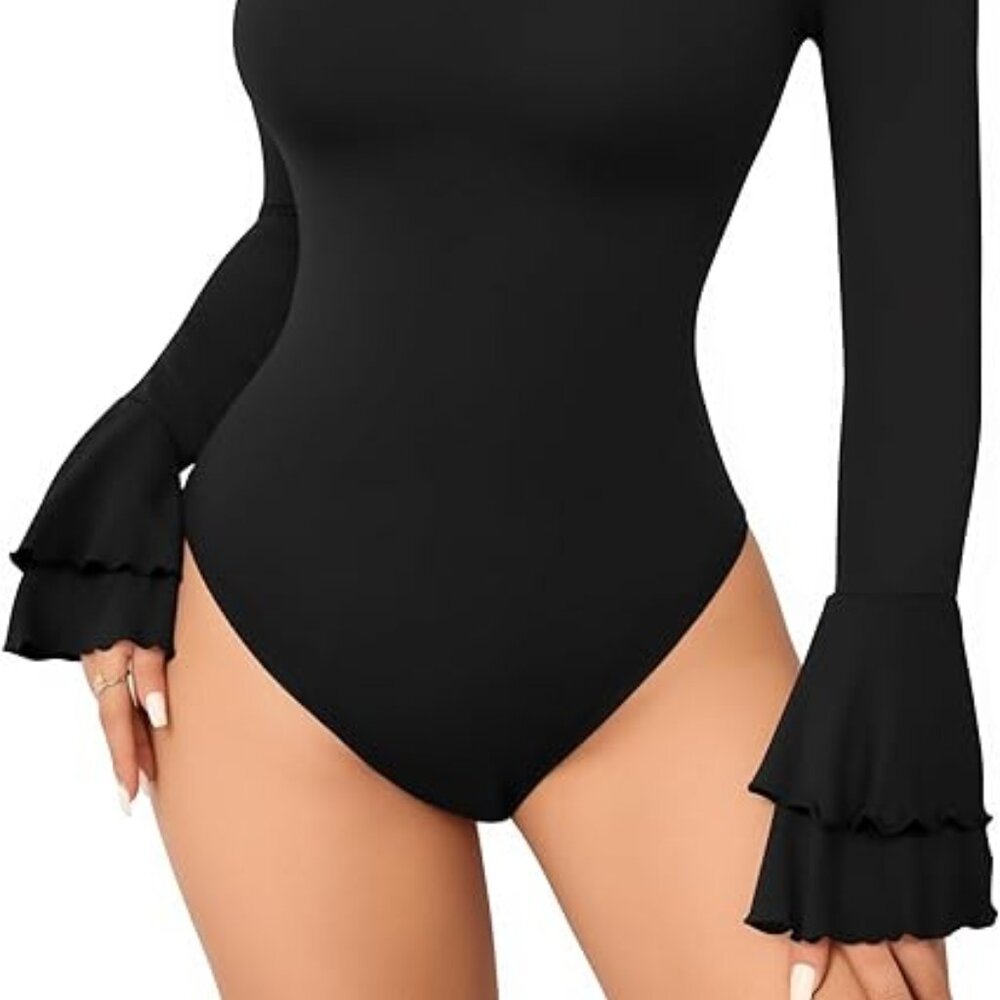 MANGOPOP Turtle Mock Neck Long Sleeve Bell Sleeve Bodysuit blouse for Dressy Cas